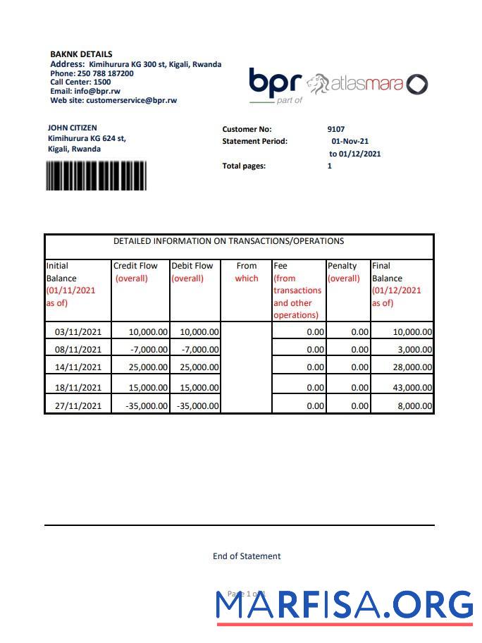 Printable Rwanda BPR bank statement excel real example